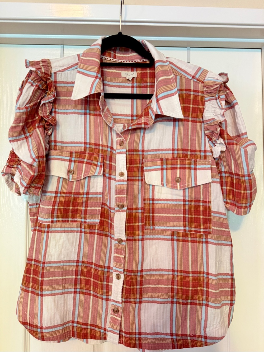 Women’s Pilcro Plaid Short-Sleeve Button-Down Shirt XL